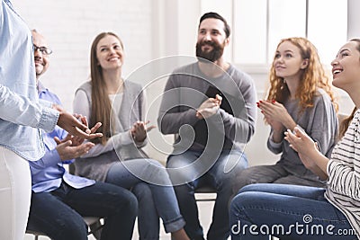 Young addicted people celebrating confession and progress Stock Photo