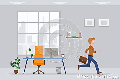 Young adult cartoon character man in jeans pants running away from modern office at the end of working day vector illustration Vector Illustration