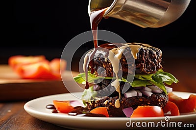young adult drizzling sauce over a black bean burger Stock Photo