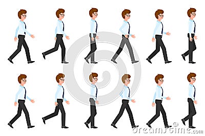 Young, adult eyeglasses man walking sequence poses vector illustration. Moving forward, fast, slow going person cartoon character Vector Illustration