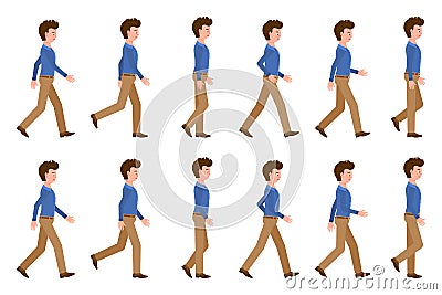 Young adult man in light brown pants walking sequence poses vector illustration. Moving forward going cartoon character set Vector Illustration