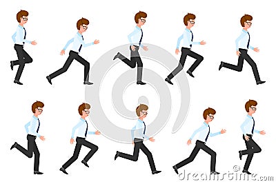 Young, adult man running sequence poses vector illustration. Fast moving forward, hurry, rush male person cartoon character Vector Illustration