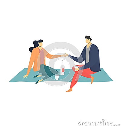 Young adult man and woman sitting on floor with coffee. Casual indoor meeting, sharing a drink. Friendship and relax Vector Illustration