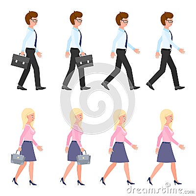 Young, adult man and woman walking sequence poses vector illustration. Moving forward, fast, slow going people cartoon character Vector Illustration