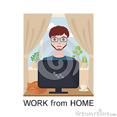 Young adult man working at home with computer in flat style Vector Illustration