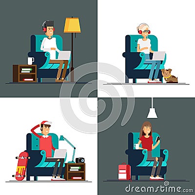 Young adult man working at home Vector Illustration