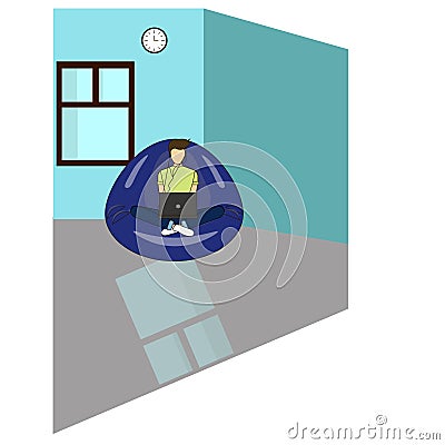 Young adult man working at home vector concept illustration. Freelancer character working from home with laptop sitting Vector Illustration