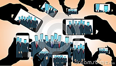 Many celluLar phone cameras are focused on a group of co-workers who have phones for heads. Cartoon Illustration