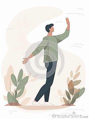 A young adult slowly performing Qigong exercises to bring balance to mind and body. AI generation Stock Photo