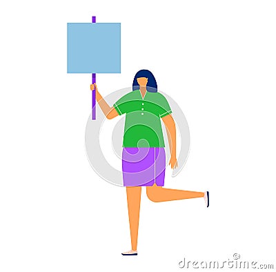 Young adult woman holding blank protest sign. Casual female activist with placard on demonstration. Political activism Cartoon Illustration