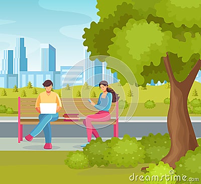 Young adult woman, man working together sitting the city park. Vector Illustration