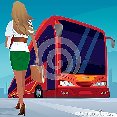 Young adult woman walks to red passenger bus Vector Illustration