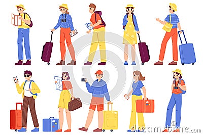 Young adults tourists with luggage and baggage. Backpackers and travellers, teens go to rest. Campers, teenager Vector Illustration