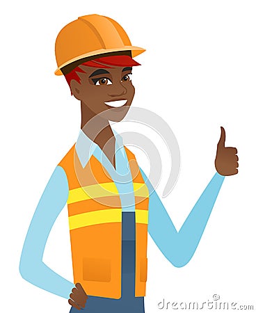Young african-american builder giving thumb up. Vector Illustration