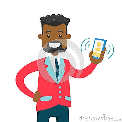 Young african man holding ringing mobile phone. Vector Illustration