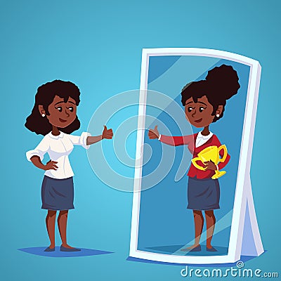 Young african, american Businesswomen standing in front of a mirror looking at her reflection and imagine herself successful. Busi Stock Photo