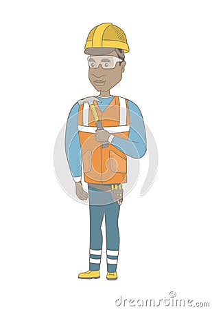 Young african-american carpenter holding a hammer. Vector Illustration