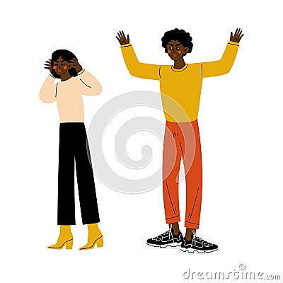 Young African American Couple Quarreling, Furious Man Shouting at Offended Girl, Disagreement in Relationship, Negative Vector Illustration