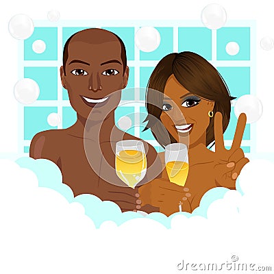 A young african american couple taking a bath with champagne Vector Illustration