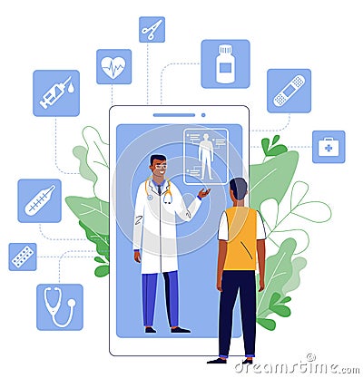 Online medical consultation concept with black doctor. Vector Illustration