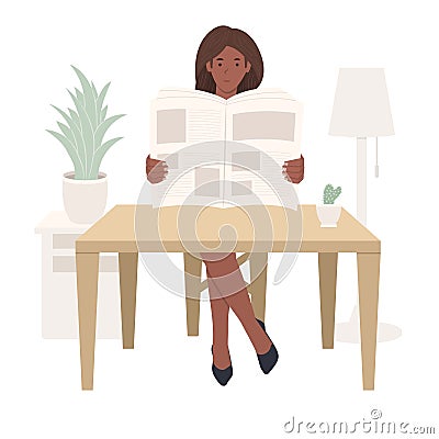 Young African American girl sitting at a table and reading a newspaper, black woman reads press or magazine. Home furnishings and Vector Illustration