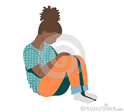 Young African-American girl, a teenager suffering from psychological illnesses, depression, anxiety Vector Illustration