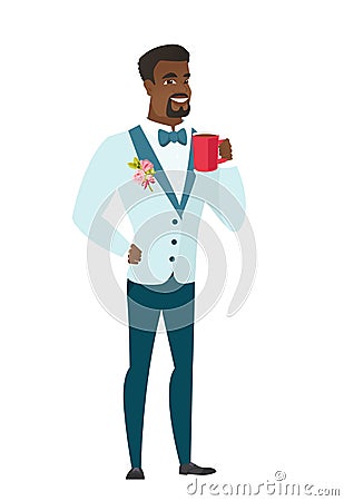 Young african-american groom holding cup of coffee Vector Illustration