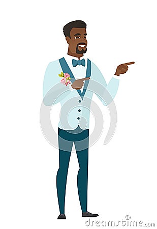 Young african-american groom pointing to the side. Vector Illustration