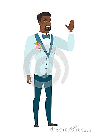 Young african-american groom waving his hand. Vector Illustration