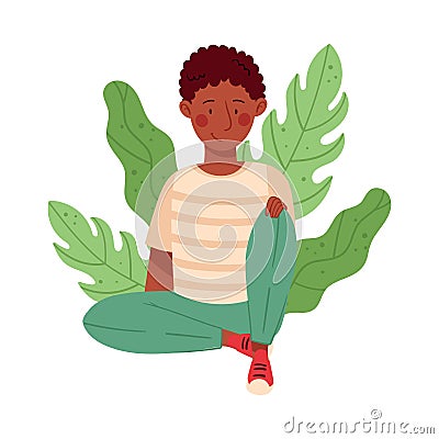 Young African American Male Resting Outdoor in Sitting Pose with Green Foliage Behind Vector Illustration Stock Photo