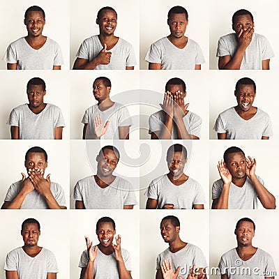 Set of black man`s portraits with different emotions Stock Photo