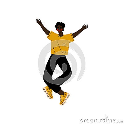 Young African American Man Happily Jumping Celebrating Important Event, Dance Party, Friendship, Sport Concept Vector Vector Illustration