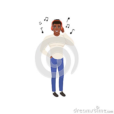 Young african american man listening to music with headphones vector Illustration on a white background Vector Illustration
