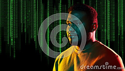 young african american man over binary code Stock Photo