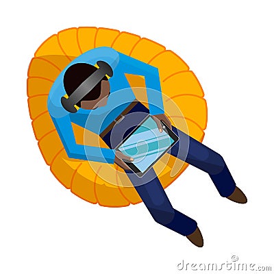 Young African American man sitting in headphones and with a tablet computer on a yellow bean bag chair Vector Illustration