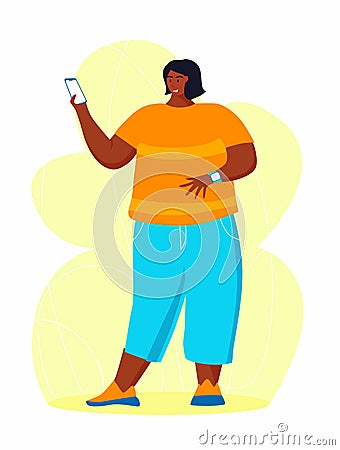 A young african american obese woman doing exercise. A girl working in sweat to get rid of belly fat. Obesity. Vector Illustration