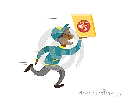 Young african-american man running with pizza. Vector Illustration