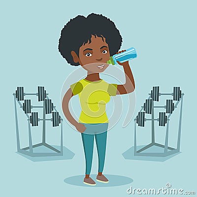 Young african-american sportswoman drinking water. Vector Illustration
