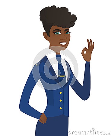 Young african-american stewardess showing ok sign. Vector Illustration