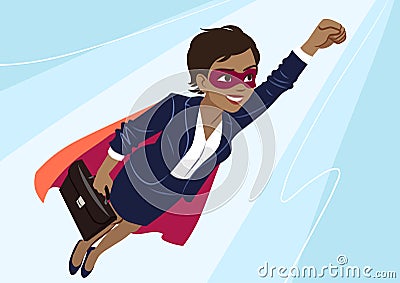 Young African-American superhero woman wearing business suit and Vector Illustration