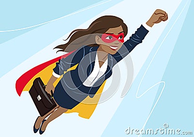 Young African-American superhero woman wearing business suit and Vector Illustration