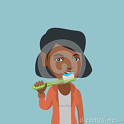 Young african-american woman brushing teeth. Vector Illustration