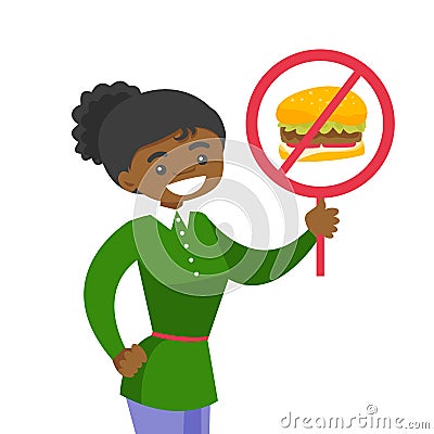 Young woman holding placard with no fastfood sign. Vector Illustration