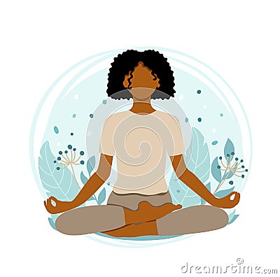 Young african american woman meditating sitting in lotus on the natural background. Girl sitting on the nature background. Vector Illustration