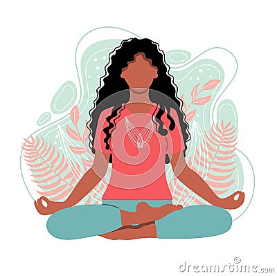 Young african american woman meditating sitting in lotus on the natural background. Girl sitting on the nature background. Vector Illustration