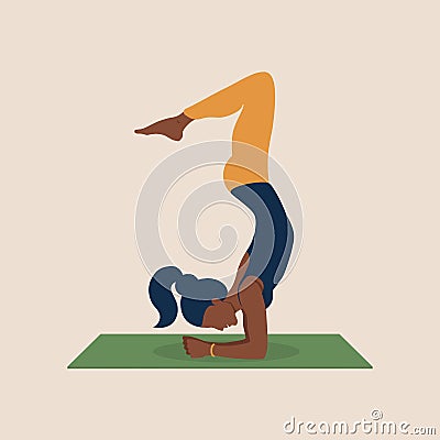 Young African-American woman plays sports on mat home Vector Illustration