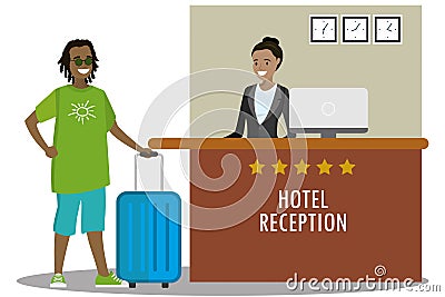 Young african american woman receptionist and african tourist Vector Illustration