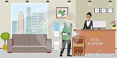 Young african american woman receptionist and senior male with s Vector Illustration