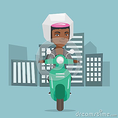 Young african-american woman riding a scooter. Vector Illustration