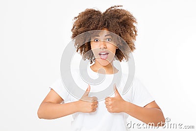 Young african american woman in template blank t shirt showing big thumb up isolated on white background. Afro curly hair. Stock Photo